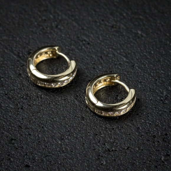 Men's Small Gold One Row Iced Cz Hoop Earrings - Picture 3 of 4